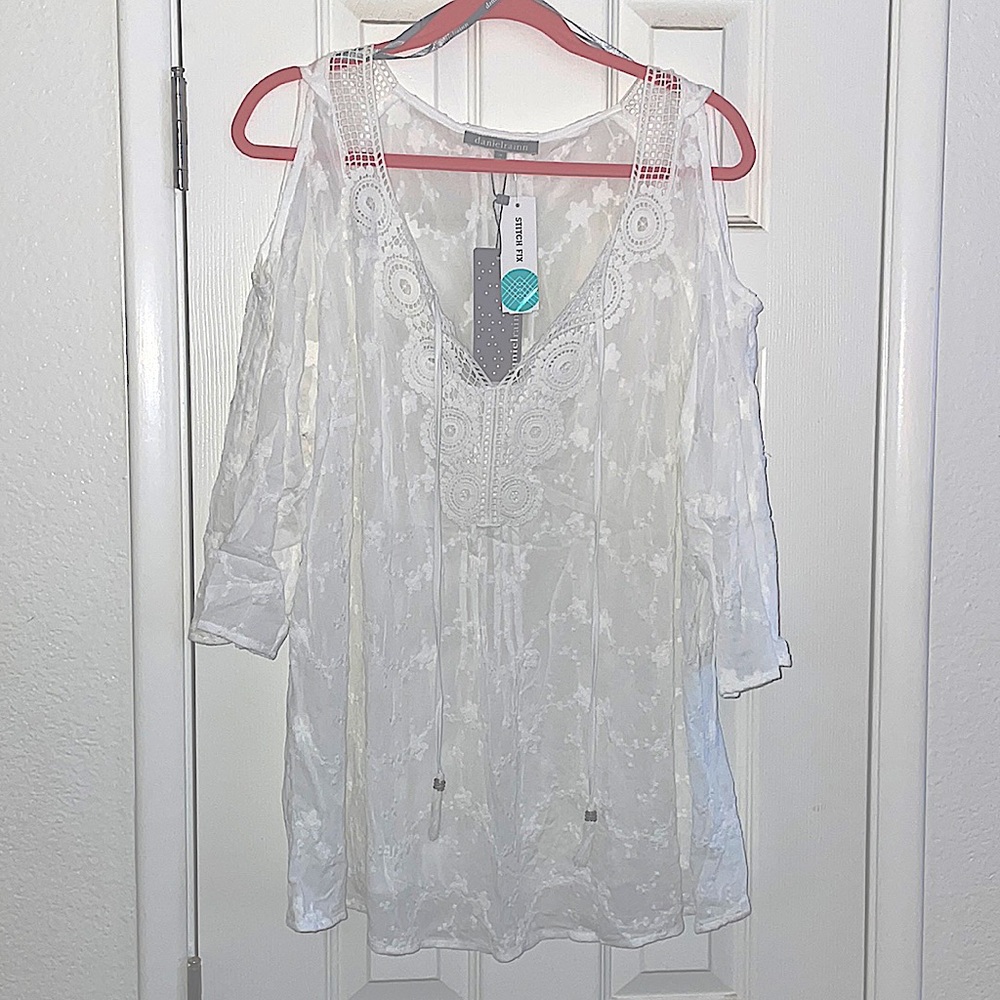 White shoulder cut-out blouse-Daniel Rainn